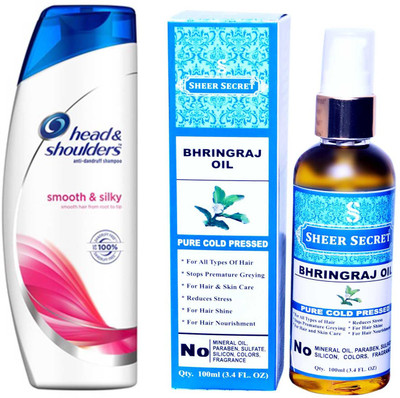 HEAD & SHOULDERS 180 ML SMOOTH AND SILKY SHAMPOO with SHEER SECRET PURE COLD PRESSED BHRINGRAJ OIL 100 ML(Set of 2)
HEAD & SHOULDERS 180 ML SMOOTH AND SILKY SHAMPOO with SHEER SECRET PURE COLD PRESSED BHRINGRAJ OIL 100 ML(Set of 2)