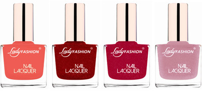 Lady Fashion Ultra High Shine Long Stay Nail Polish Light Orange,Red,Bright Pink,Silky Purple(Pack of 4) 
Lady Fashion Ultra High Shine Long Stay Nail Polish Light Orange,Red,Bright Pink,Silky Purple(Pack of 4)