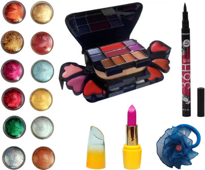 Vozwa Face and Eye Shimmer Powder, Glitter Powder, ADS Makeup kit (8 Eyeshadow, 1 Powder Cake, 8 Lip Colour, 2 Blusher), Matte Lipstick, Waterproof Eyeliner and Band(Set of 16)
Vozwa Face and Eye Shimmer Powder, Glitter Powder, ADS Makeup kit (8 Eyeshadow, 1 Powder Cake, 8 Lip Colour, 2 Blusher), Matte Lipstick, Waterproof Eyeliner and Band(Set of 16)