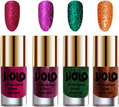 Volo Professionally Used Glitter Shine Nail Polish Combo Pack of 4 Magenta Glitter, Purple Glitter, Dark Green Glitter, Light Orange Glitter(Pack of 4)
Volo Professionally Used Glitter Shine Nail Polish Combo Pack of 4 Magenta Glitter, Purple Glitter, Dark Green Glitter, Light Orange Glitter(Pack of 4)