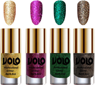 Volo Professionally Used Glitter Shine Nail Polish Combo Pack of 4 Golden Glitter, Purple Glitter, Dark Green Glitter, Dark Grey Glitter(Pack of 4)
Volo Professionally Used Glitter Shine Nail Polish Combo Pack of 4 Golden Glitter, Purple Glitter, Dark Green Glitter, Dark Grey Glitter(Pack of 4)
