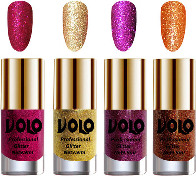 Volo Professionally Used Glitter Shine Nail Polish Combo Pack of 4 Magenta Glitter, Golden Glitter, Purple Glitter, Light Orange Glitter(Pack of 4)
Volo Professionally Used Glitter Shine Nail Polish Combo Pack of 4 Magenta Glitter, Golden Glitter, Purple Glitter, Light Orange Glitter(Pack of 4)