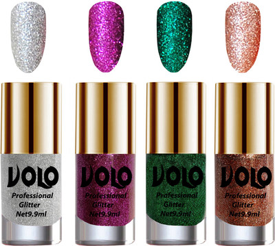 Volo Professionally Used Glitter Shine Nail Polish Combo Pack of 4 Silver Glitter, Purple Glitter, Dark Green Glitter, Peach Glitter(Pack of 4)
Volo Professionally Used Glitter Shine Nail Polish Combo Pack of 4 Silver Glitter, Purple Glitter, Dark Green Glitter, Peach Glitter(Pack of 4)
