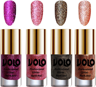 Volo Professionally Used Glitter Shine Nail Polish Combo Pack of 4 Purple Glitter, Pink Glitter, Dark Grey Glitter, Peach Glitter(Pack of 4) 
Volo Professionally Used Glitter Shine Nail Polish Combo Pack of 4 Purple Glitter, Pink Glitter, Dark Grey Glitter, Peach Glitter(Pack of 4)