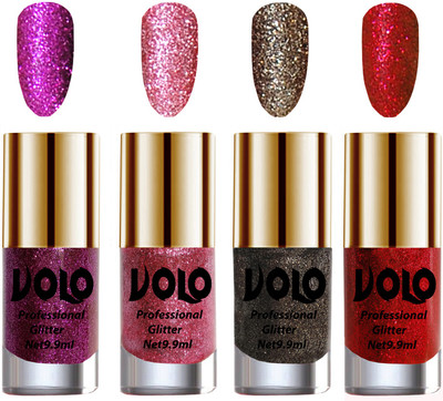 Volo Professionally Used Glitter Shine Nail Polish Combo Pack of 4 Purple Glitter, Pink Glitter, Dark Grey Glitter, Red Glitter(Pack of 4)
Volo Professionally Used Glitter Shine Nail Polish Combo Pack of 4 Purple Glitter, Pink Glitter, Dark Grey Glitter, Red Glitter(Pack of 4)