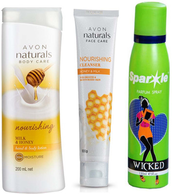 Avon Anew Nourishing Milk & Honey Cleanser (100 ml) & one Naturals Milk & Honey Hand & Body Lotion (200 ml) With one sparkle perfume spray 150 ml(Set of 3) 
Avon Anew Nourishing Milk & Honey Cleanser (100 ml) & one Naturals Milk & Honey Hand & Body Lotion (200 ml) With one sparkle perfume spray 150 ml(Set of 3)