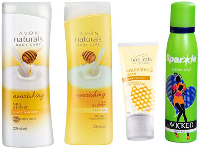 Avon Anew Naturals Milk & Honey Hand & Body Lotion (200 ml) & one Milk & Honey Shower Gel (200 ml) & one NATURALS NURISHING HONEY & MILK CREAM (50 g) With one sparkle perfume spray 150 ml(Set of 4)
Avon Anew Naturals Milk & Honey Hand & Body Lotion (200 ml) & one Milk & Honey Shower Gel (200 ml) & one NATURALS NURISHING HONEY & MILK CREAM (50 g) With one sparkle perfume spray 150 ml(Set of 4)