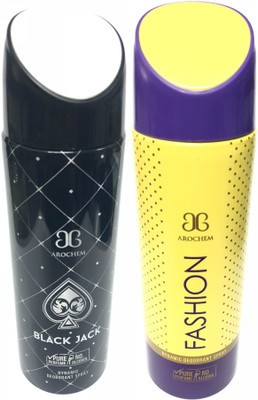 Arochem Black Jack and Fashion Deodorant Spray - For Men & Women(400 ml, Pack of 2)
Arochem Black Jack and Fashion Deodorant Spray - For Men & Women(400 ml, Pack of 2)