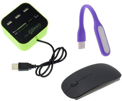 durReey Set of Multi connectivity USB Hub, Wireless mouse with Mini Flexible USB LED Light Lamp for Laptop Computer Keyboard Reading Notebook 2EPU21 Combo Set(Green, Black, Purple)