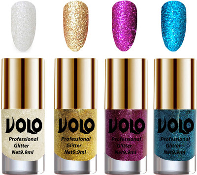Volo Professionally Used Glitter Shine Nail Polish Combo Pack of 4 White Nail Art And Glitter, Golden Glitter, Purple Glitter, Sky Blue Glitter(Pack of 4)
Volo Professionally Used Glitter Shine Nail Polish Combo Pack of 4 White Nail Art And Glitter, Golden Glitter, Purple Glitter, Sky Blue Glitter(Pack of 4)