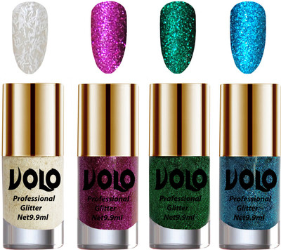 Volo Professionally Used Glitter Shine Nail Polish Combo Pack of 4 White Nail Art And Glitter, Purple Glitter, Dark Green Glitter, Sky Blue Glitter(Pack of 4)
Volo Professionally Used Glitter Shine Nail Polish Combo Pack of 4 White Nail Art And Glitter, Purple Glitter, Dark Green Glitter, Sky Blue Glitter(Pack of 4)
