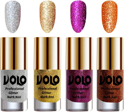 Volo Professionally Used Glitter Shine Nail Polish Combo Pack of 4 Silver Glitter, Golden Glitter, Purple Glitter, Light Orange Glitter(Pack of 4)
Volo Professionally Used Glitter Shine Nail Polish Combo Pack of 4 Silver Glitter, Golden Glitter, Purple Glitter, Light Orange Glitter(Pack of 4)