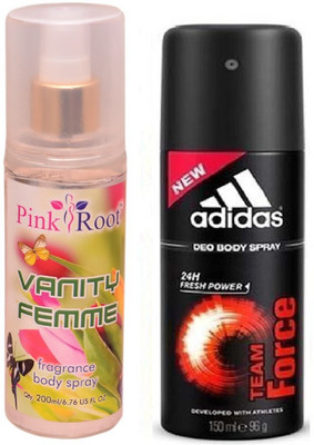 Pink Root Vanity Femme Fragrance body Spray 200ml, Adidas Team Force Deo Body Spray for Men 150ml(Set of 2)
Pink Root Vanity Femme Fragrance body Spray 200ml, Adidas Team Force Deo Body Spray for Men 150ml(Set of 2)