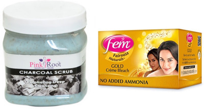 Pink Root Charcoal Scrub 500ml and Fem Gold Crème Bleach(Set of 2)