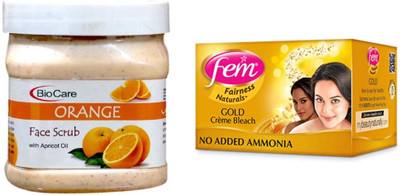 Biocare Orange Face Scrub 500ml and Fem Gold Crème Bleach 64g(Set of 2)
