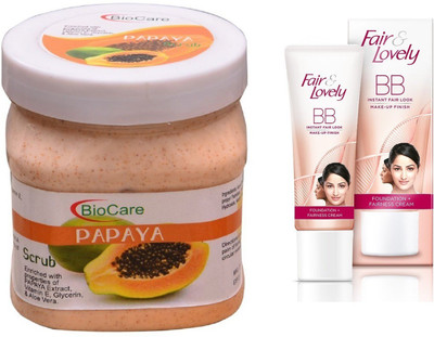 Biocare Papaya Scrub 500ml and Fair & Lovely BB Face Cream 40g(Set of 2)
