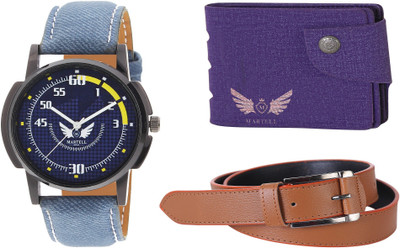 Martell Wallet, Analog Watch, Belt Combo(Blue)