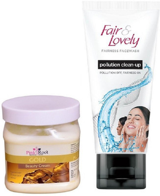 Pink Root Gold Beauty Cream 500ml and Fair & Lovely Fairness FaceWash Pollution Clean-Up 100gm(Set of 2)