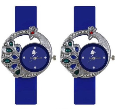 FabSale Best Designer Blue PU Strap Stylish Attractive Round Blue Dial Diamond Studded Latest Analog Wrist Watch - For Women