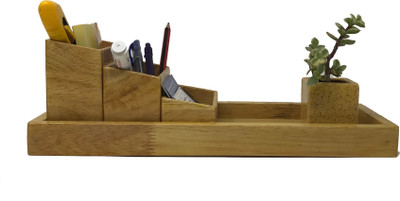 Crimson Knot 3 Compartments Wooden Pen Stand(Beige)