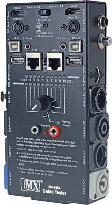 MX Audio Cable Tester Tests XLR 6.35mm TRS 1/4" TS Speakon Jack 2 & 4 Pole Din RCA Plug RJ45 Powercon HDMI Micro USB Banana cables Cable Testers(Black)
MX Audio Cable Tester Tests XLR 6.35mm TRS 1/4" TS Speakon Jack 2 & 4 Pole Din RCA Plug RJ45 Powercon HDMI Micro USB Banana cables Cable Testers(Black)
