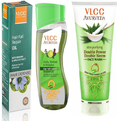 VLCC Hair fall control shampoo 100ml + Hair fall repair oil 100ml + Double power double neem face wash 100ml(Set of 3)
VLCC Hair fall control shampoo 100ml + Hair fall repair oil 100ml + Double power double neem face wash 100ml(Set of 3)