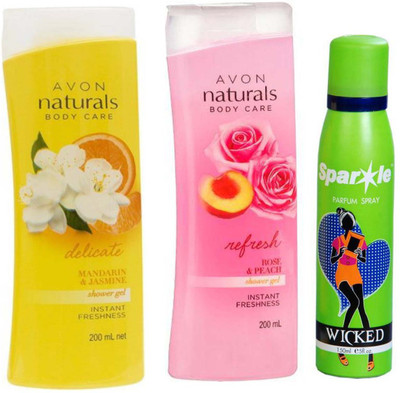 Avon Anew Naturals mandarin & jasmine shower gel (200 ml) & one Naturals Body care Rose & Peach Shower Gel (200 ml) With one sparkle perfume spray 150 ml(Set of 3)
Avon Anew Naturals mandarin & jasmine shower gel (200 ml) & one Naturals Body care Rose & Peach Shower Gel (200 ml) With one sparkle perfume spray 150 ml(Set of 3)