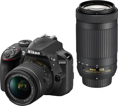 Nikon DSLR D3400 DSLR Camera Body with Dual Lens: AF-P DX NIKKOR 18-55 mm f/3.5 - 5.6G VR + AF-P DX NIKKOR 70-300 mm f/4.5 - 6.3G ED VR (16 GB SD Card +DSLR Camera Bag)(Black)
Nikon DSLR D3400 DSLR Camera Body with Dual Lens: AF-P DX NIKKOR 18-55 mm f/3.5 - 5.6G VR + AF-P DX NIKKOR 70-300 mm f/4.5 - 6.3G ED VR (16 GB SD Card +DSLR Camera Bag)(Black)