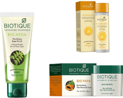 BIOTIQUE BIO Sandalwood Ultra Soothing Face Lotion 50+ SPF UVA/UVB, Neem Purifying Face Wash, Papaya Revitalizing Tan-Removal Scrub(Set of 3)
BIOTIQUE BIO Sandalwood Ultra Soothing Face Lotion 50+ SPF UVA/UVB, Neem Purifying Face Wash, Papaya Revitalizing Tan-Removal Scrub(Set of 3)