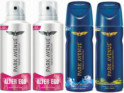 Park Avenue 2 Alter Ego & 1 Cool Blue & 1 Tranquil Body Spray - For Men(520 ml, Pack of 4)
Park Avenue 2 Alter Ego & 1 Cool Blue & 1 Tranquil Body Spray - For Men(520 ml, Pack of 4)