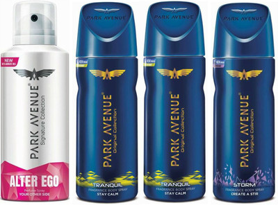 Park Avenue 1 Alter Ego & 2 Tranquil & 1 Storm Body Spray - For Men(520 ml, Pack of 4)
Park Avenue 1 Alter Ego & 2 Tranquil & 1 Storm Body Spray - For Men(520 ml, Pack of 4)