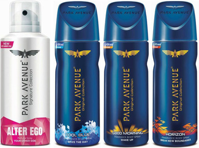 Park Avenue 1 Alter Ego & 1 Cool Blue & 1 Good Morning & Horizon Body Spray - For Men(520 ml, Pack of 4)
Park Avenue 1 Alter Ego & 1 Cool Blue & 1 Good Morning & Horizon Body Spray - For Men(520 ml, Pack of 4)