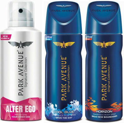 Park Avenue 1 Alter Ego & 1 Cool Blue & 1 Horizon Body Spray - For Men(390 ml, Pack of 3)
Park Avenue 1 Alter Ego & 1 Cool Blue & 1 Horizon Body Spray - For Men(390 ml, Pack of 3)