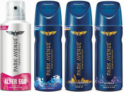 Park Avenue 1 Alter Ego & 1 Cool Blue & 1 Good Morning & Storm Body Spray - For Men(520 ml, Pack of 4)
Park Avenue 1 Alter Ego & 1 Cool Blue & 1 Good Morning & Storm Body Spray - For Men(520 ml, Pack of 4)