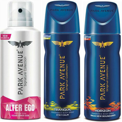 Park Avenue 1 Alter Ego & 1 Tranquil & 1 Horizon Body Spray - For Men(390 ml, Pack of 3)
Park Avenue 1 Alter Ego & 1 Tranquil & 1 Horizon Body Spray - For Men(390 ml, Pack of 3)