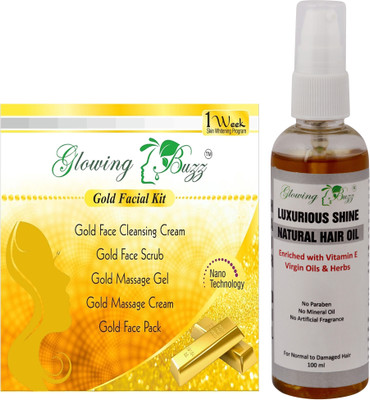 Glowing Buzz Premium Gold Facial Kit and Lxurious Shine Natural Hair Oil(Set of 1)
Glowing Buzz Premium Gold Facial Kit and Lxurious Shine Natural Hair Oil(Set of 1)