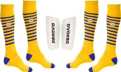 DeNovo Football Kit (One Pair Large Shin Guard + Two Pairs Lycra Striped Knee Length Football Socks) Football Kit