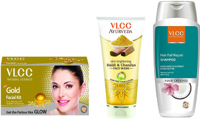VLCC Gold facial kit 60gm+Haldi Chandan face wash 100ml+Hairfall repair shampoo 200ml(Set of 3)
VLCC Gold facial kit 60gm+Haldi Chandan face wash 100ml+Hairfall repair shampoo 200ml(Set of 3)