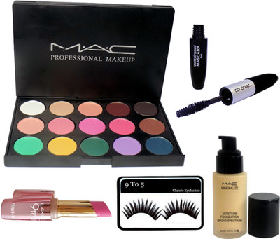 9 to 5 eyelashes & Mac professional makeup palatte with Mineralize moisture foundation , Colorbar 2 in 1 eyeliner & Mascara , Lakme lipstick(Set of 5)
9 to 5 eyelashes & Mac professional makeup palatte with Mineralize moisture foundation , Colorbar 2 in 1 eyeliner & Mascara , Lakme lipstick(Set of 5)