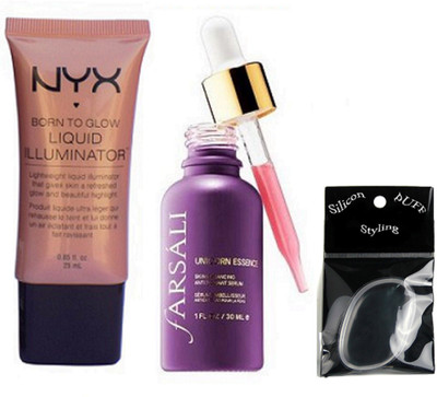 Styling Silicon puff With NYX born to glow illuminator & Farsali Face serum(Set of 3)
Styling Silicon puff With NYX born to glow illuminator & Farsali Face serum(Set of 3)