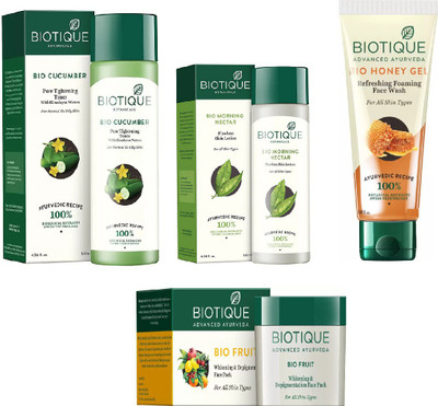 BIOTIQUE BIO Bio Cucumber Pore Tightening Toner, Bio Morning Nectar Flawless Skin Lotion, Bio Honey Gel Refreshing Foaming Face Wash, Bio Fruit Face Pack(Set of 4)
BIOTIQUE BIO Bio Cucumber Pore Tightening Toner, Bio Morning Nectar Flawless Skin Lotion, Bio Honey Gel Refreshing Foaming Face Wash, Bio Fruit Face Pack(Set of 4)