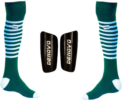 DeNovo Football Kit (One Pair Large Shin Guard + One Pair Lycra Striped Knee Length Football Socks) Football Kit