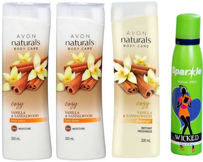 Avon Anew two vanilla sandalwood hand & body lotion 200 ml & one vanilla sandalwood shower gel 200 ml With one sparkle perfume spray 150 ml(Set of 4)
Avon Anew two vanilla sandalwood hand & body lotion 200 ml & one vanilla sandalwood shower gel 200 ml With one sparkle perfume spray 150 ml(Set of 4)