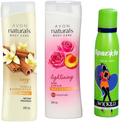 Avon Anew vanilla sandalwood shower gel 200 ml & one Naturals Body Care Rose & Peach hand & body lotion (200 ml) With one sparkle perfume spray 150 ml(Set of 3)
Avon Anew vanilla sandalwood shower gel 200 ml & one Naturals Body Care Rose & Peach hand & body lotion (200 ml) With one sparkle perfume spray 150 ml(Set of 3)