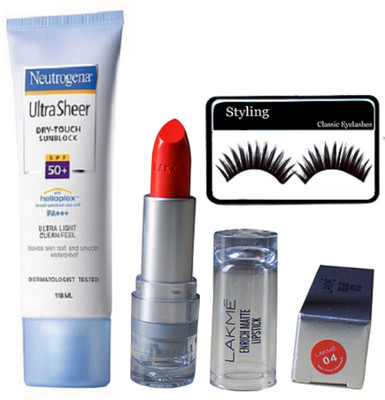 styling Eyelashes, Neutrogena Ultra Sheer Dry-Touch Sunblock Suncream, Lakme Enrich Matte Lipstick(Set of 3)
styling Eyelashes, Neutrogena Ultra Sheer Dry-Touch Sunblock Suncream, Lakme Enrich Matte Lipstick(Set of 3)