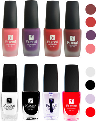 Flickr Velvet Matte Nail Polish + Glossy Nail Polish Combo (4+4) Black,White Top Coat,Red,Peach,Purple,Red,Orange(Pack of 8)
Flickr Velvet Matte Nail Polish + Glossy Nail Polish Combo (4+4) Black,White Top Coat,Red,Peach,Purple,Red,Orange(Pack of 8)