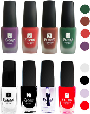 Flickr Velvet Matte Nail Polish + Glossy Nail Polish Combo (4+4) Black,White Top Coat,Red,Purple,Red,Nude,Green(Pack of 8)
Flickr Velvet Matte Nail Polish + Glossy Nail Polish Combo (4+4) Black,White Top Coat,Red,Purple,Red,Nude,Green(Pack of 8)