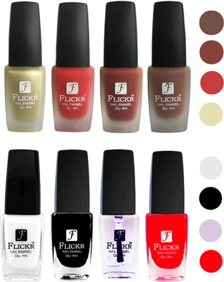 Flickr Velvet Matte Nail Polish + Glossy Nail Polish Combo (4+4) Black,White Top Coat,Red,Golden,Red,Nude,Brown(Pack of 8)
Flickr Velvet Matte Nail Polish + Glossy Nail Polish Combo (4+4) Black,White Top Coat,Red,Golden,Red,Nude,Brown(Pack of 8)