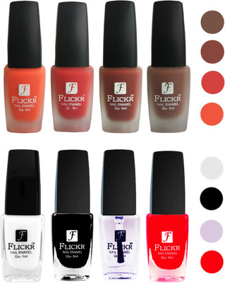 Flickr Velvet Matte Nail Polish + Glossy Nail Polish Combo (4+4) Black,White Top Coat,Red,Orange,Red,Nude,Brown(Pack of 8)
Flickr Velvet Matte Nail Polish + Glossy Nail Polish Combo (4+4) Black,White Top Coat,Red,Orange,Red,Nude,Brown(Pack of 8)
