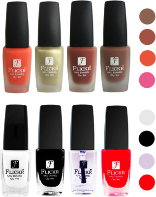 Flickr Velvet Matte Nail Polish + Glossy Nail Polish Combo (4+4) Black,White Top Coat,Red,Orange,Golden,Nude,Brown(Pack of 8)
Flickr Velvet Matte Nail Polish + Glossy Nail Polish Combo (4+4) Black,White Top Coat,Red,Orange,Golden,Nude,Brown(Pack of 8)